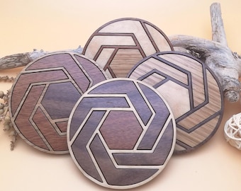 Mid Century Modern Wood Inlay Coaster Set: Geometric Laser Cut Cork Coasters