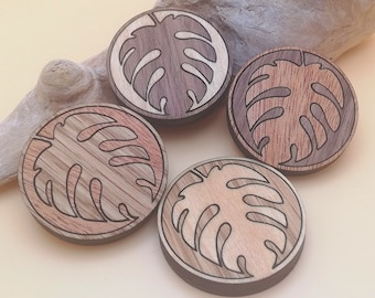 Wood Inlay Monstera Leaves Magnet Set of 4 - Wooden Leaf Circle Fridge Magnets - Nature Lovers Gift - Plant lovers gift - Cabin Decor.