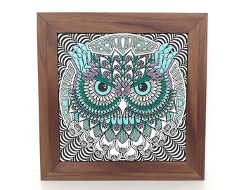 Snowy Owl Layered Wooden Wall Decor - 8" Engraved Framed Painting on Wood - Zentangle Owl Wall Hanging - Bird, Animal Framed Art