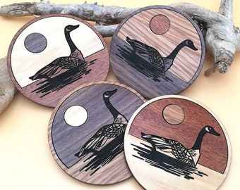 Canada Goose Wooden Coaster Set of 4. Wood Inlay, Engraved, Hand Painted - Walnut, Mahogany, Oak & Maple Wood Coasters - Rustic Decor