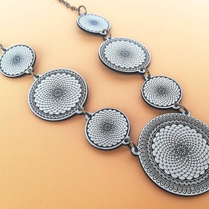 Black & White Flower Mandala Statement Necklace - Acrylic Mandala Bib Necklace - Bold, Funky, Boho, Modern, Unique Jewelry