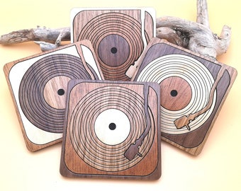 Record Player Wooden Coaster Set of 4: Natural Wood Inlay Turntable Coasters.