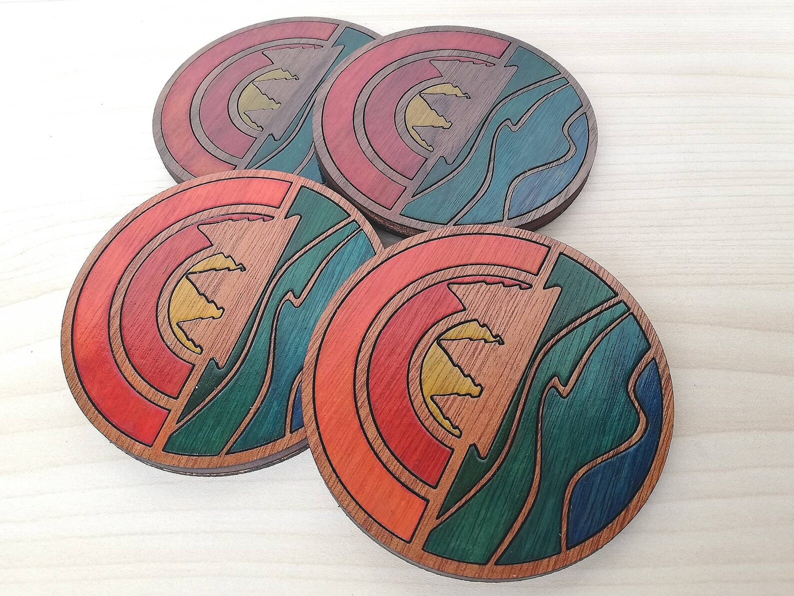 Sunset on the Lake Wood Inlay Coaster Set of 4 Wooden Etsy