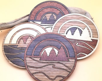 Sunset on the Lake Wood Mosaic Coaster Set of 4 - Wood Inlay Landscape Coasters - Rustic Wooden Decor - Nature Lovers Gift