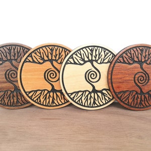 Wooden Tree of Life Coaster Set of 4. Decorative Tree Coasters Home Decor - Walnut, Mahogany, Cherry & Maple Wood Coasters.