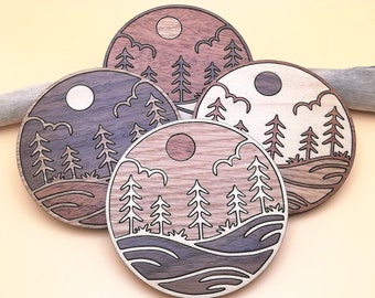 Nature Landscape Wood Inlay Coaster Set of 4 - Trees & Lake Wooden Circle Coasters - Nature Lovers Gift - Gifts for Friends