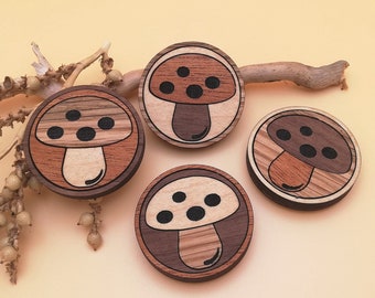 Wood Inlay Mushrooms Magnet Set of 4 - Wooden Toadstool Fridge Magnets - Mushroom Lovers Gift - Woodland Decor - Cottagecore