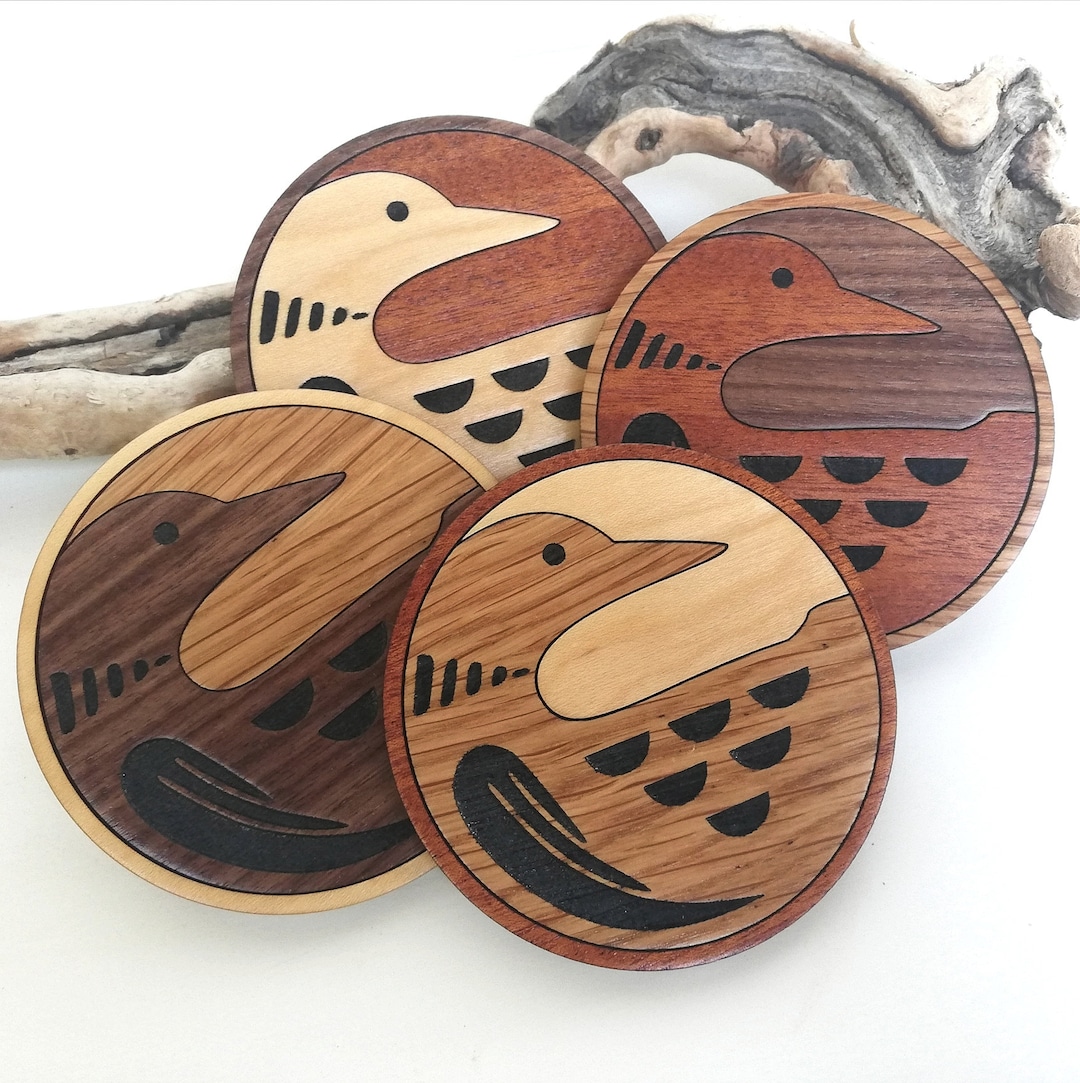 Wood Inlay Loon Coaster Set of 4. Wood Inlay, Engraved, Hand Painted ...