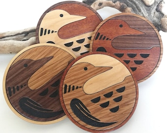 Wood Inlay Loon Coaster Set of 4. Wood Inlay, Engraved, Hand Painted - Walnut, Mahogany, Oak & Maple Wood Coasters - Natural Materials