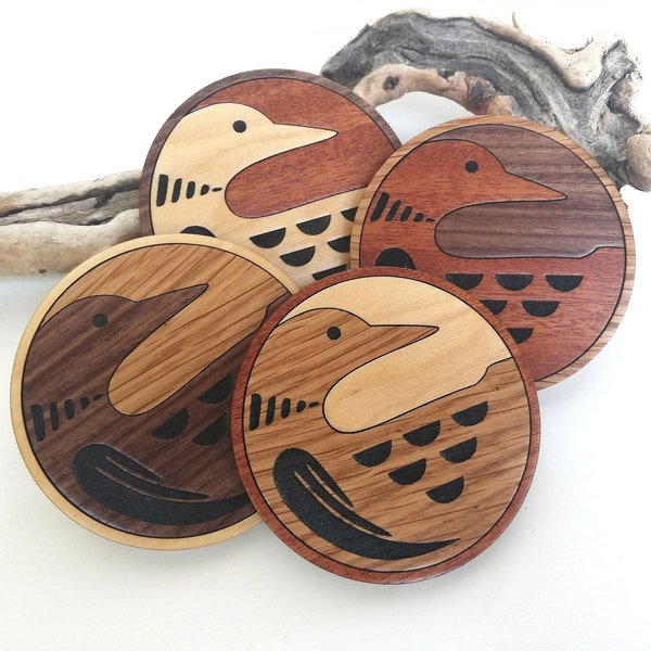 Wood Inlay Loon Coaster Set of 4. Wood Inlay, Engraved, Hand Painted - Walnut, Mahogany, Oak & Maple Wood Coasters - Natural Materials