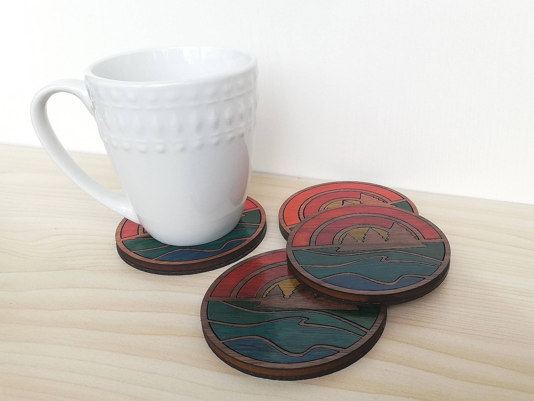 Sunset on the Lake Wood Inlay Coaster Set of 4 Wooden Etsy