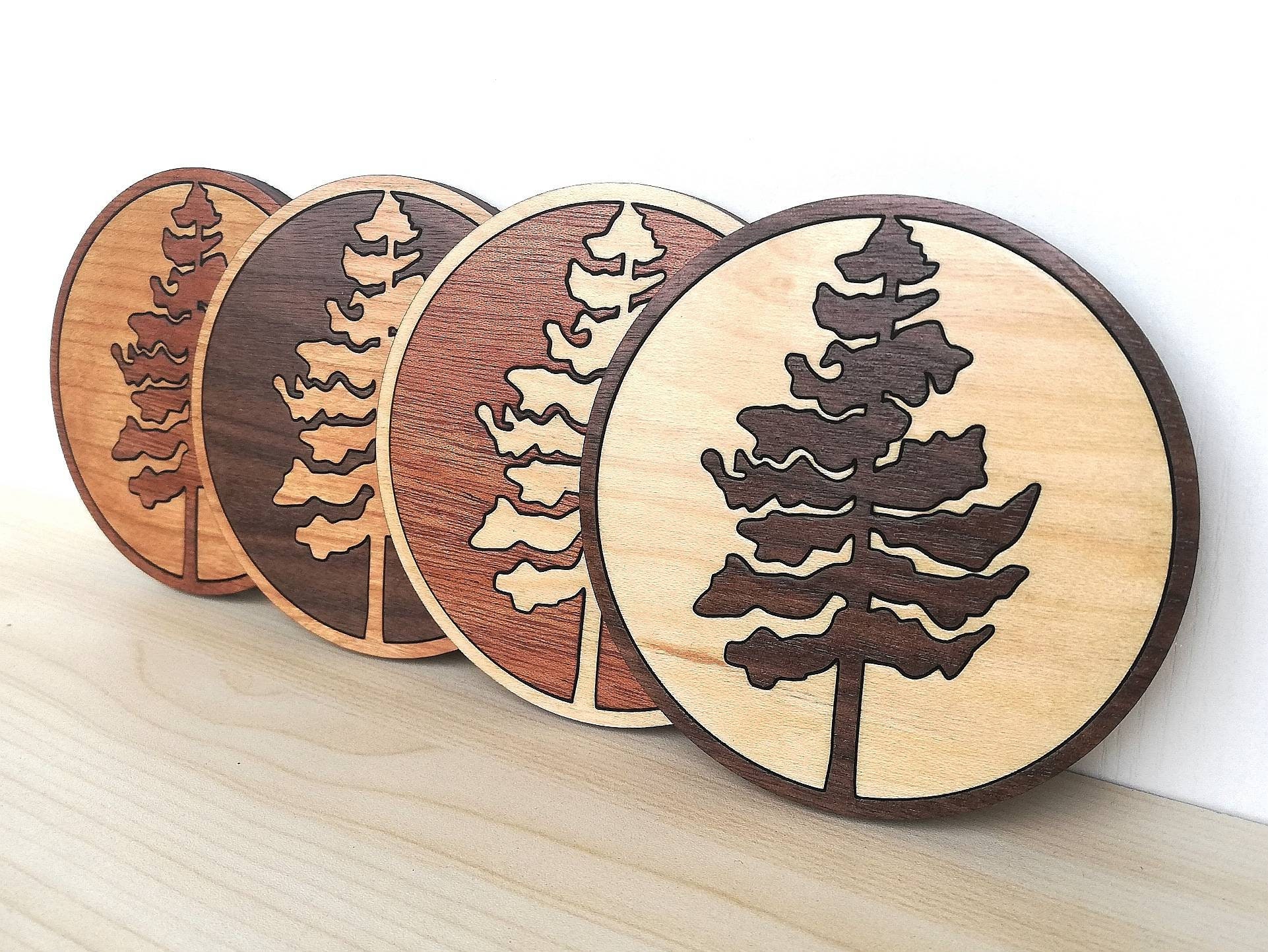 Wood Inlay Coaster Set of 4 Pine Tree Wooden Coaster Set Etsy