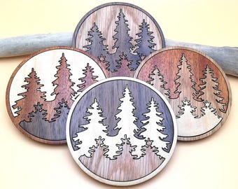 Wooden Forest Coaster Set of 4.  Natural Wood Inlay Tree Coasters - Walnut, Mahogany, Oak & Maple Plywood with Cork bottoms.