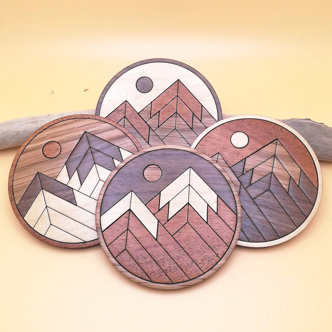 Rustic Mountain Wooden Mosaic Coaster Set of 4 Natural Wood Inlay