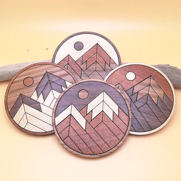 Rustic Mountain Wooden Mosaic Coaster Set of 4 - Natural Wood Inlay Coasters - Cottagecore Decor - Rocky Mountains - Wood Mountain Art