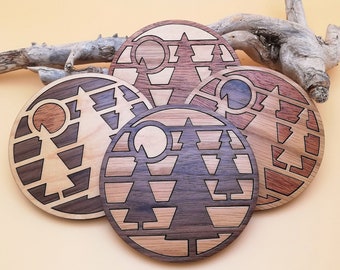Wood Inlay Coaster Set: Pine Tree Forest Mosaic, Rustic Decor