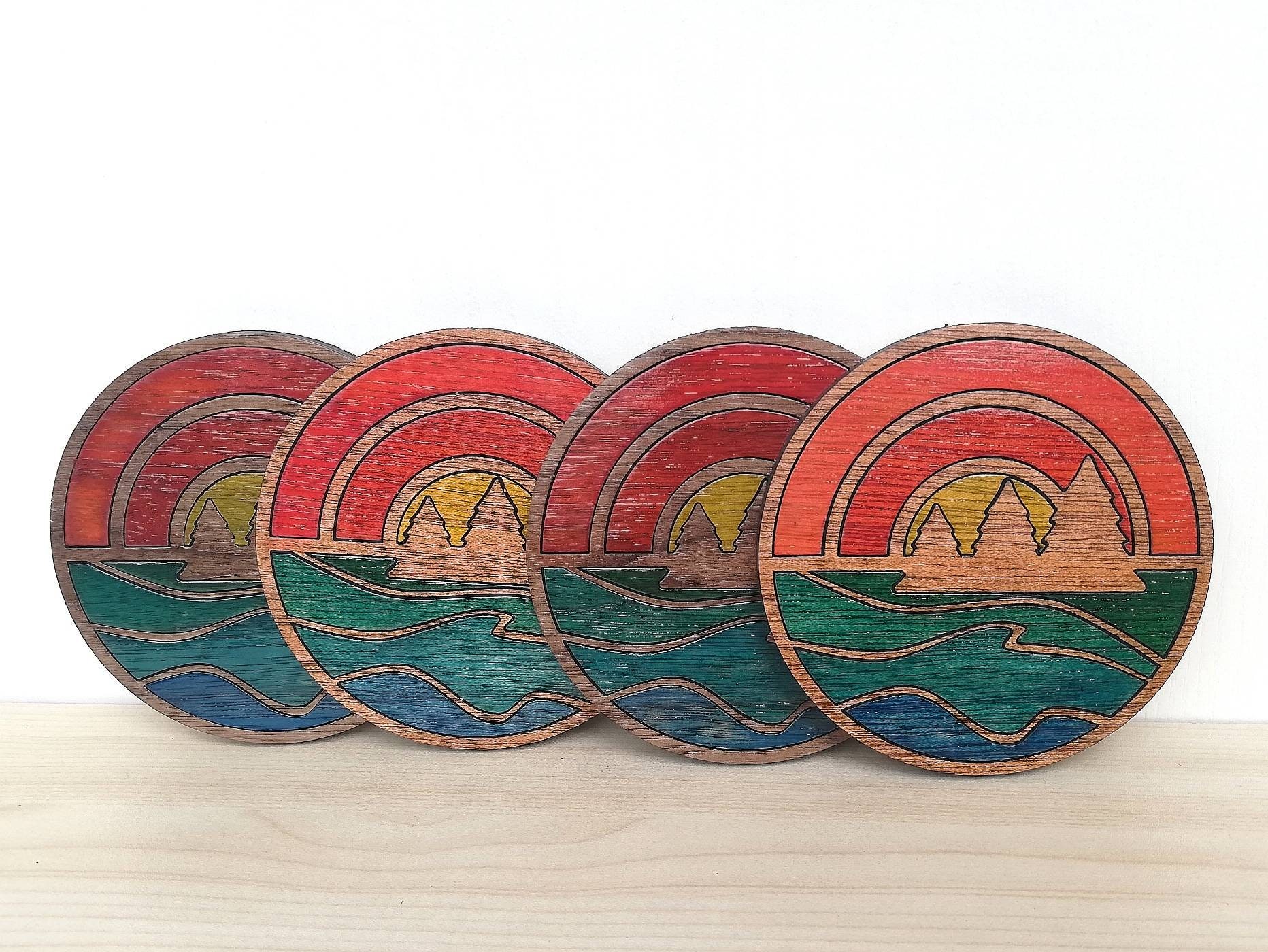 Sunset on the Lake Wood Inlay Coaster Set of 4 Wooden Etsy