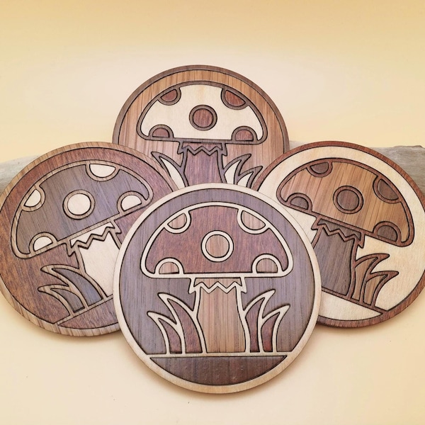 Wood Inlay Mushroom Coaster Set: Walnut, Oak & Maple (Set of 4)