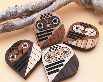 Wood Inlay Owl Magnet Set of 4 - Wooden Owls Fridge Magnets - Bird Lovers Gift - Bird Nerd - Animal Home Decor