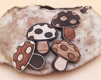 Wood Inlay Mushroom Fridge Magnets - Set of 4 - Cottage Decor
