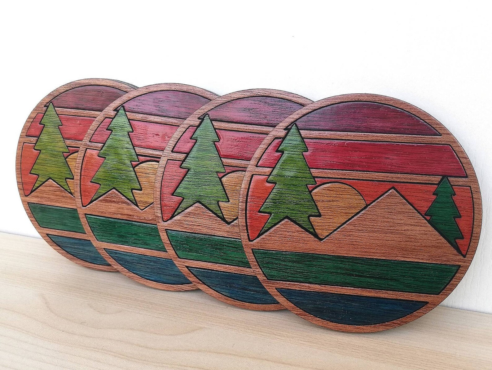 Sunset Over the Mountains Wood Inlay Coaster Set of 4 Wooden Etsy
