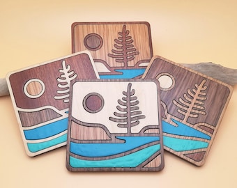 Wood Inlay Square Coaster Set: Lake & Tree Landscape, Nature Lover Gift