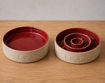Personalized Slow Feeder Dog Bowl, Custom Pet Bowl with Name, Handmade Ceramic Dog Dish, Stoneware Bowl