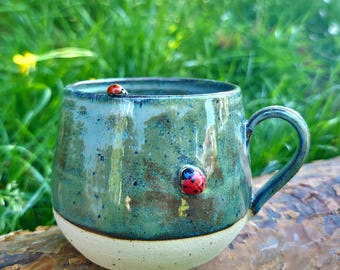 Ladybug Ceramic Mug, Handmade Pottery Coffee Cup, Nature Lover Gift, Stoneware Tea Mug