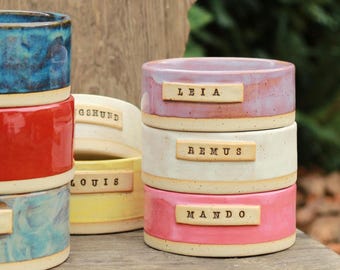 Comedero para perros, tamaño y color seleccionables, personalizable, con placa para nombre, primavera verano, perro, gato, hecho a mano