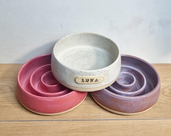 Personalized Slow Feeder Dog Bowl, Ceramic Dog Bowl with Name, Handmade Pet Bowl