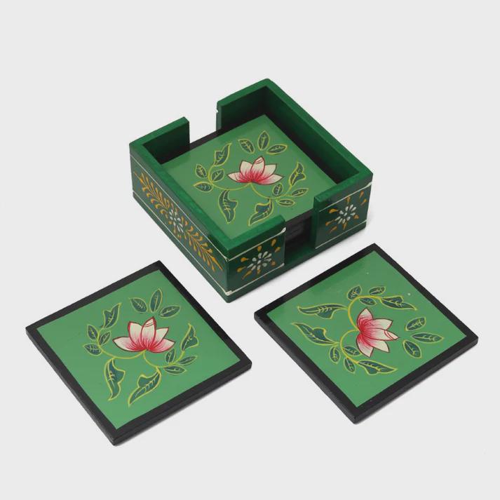 Lotus Flower Printed Green Wooden Tea Coaster Set | Handcrafted ...