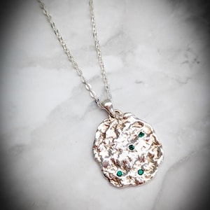 Hammered Sterling Silver Emerald Pendant: Organic Boho Necklace