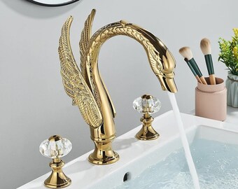 Luxus Golden Swan Form Beckenhahn Dual Kristall Griff Deck Mount Badezimmer Mischbatterie