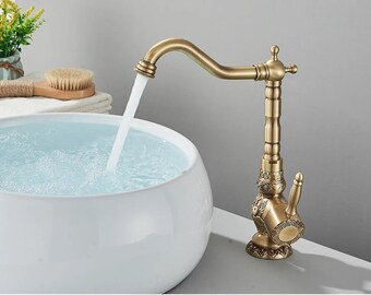 Waschtischarmaturen Antiker Messingwasserhahn Becken Carving Tap Rotation Einhandhahn