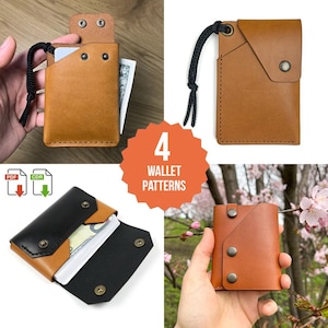 May include: Four different leather wallet patterns. The wallets are brown and black and have a minimalist design. The patterns are available for download in PDF and CDR formats.