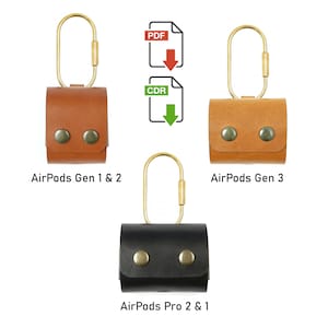 以下が含まれることがあります： AirPods 用の革製ケース3つ。真鍮製の留め具付き。ケースの色は、茶色、茶色、黒。画像のテキストは、「AirPods Gen 1 & 2」、「AirPods Gen 3」、「AirPods Pro 2 & 1」。