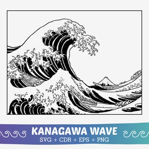 May include: A black and white line art illustration of a large wave crashing over a boat. The wave is depicted in a stylized manner, with a series of peaks and troughs. The boat is small and appears to be caught in the wave's crest. The image is a classic example of Japanese woodblock printing.