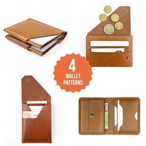 Könnte beinhalten: Vier verschiedene Leder-Brieftaschenmuster in Braun. Jede Brieftasche hat ein anderes Design und Layout für die Aufbewahrung von Bargeld und Karten.