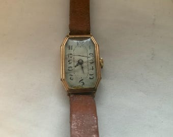 Reloj de pulsera mecánico de cuerda manual para mujer, estilo Art Decó antiguo, rectangular, de oro laminado y 15 joyas