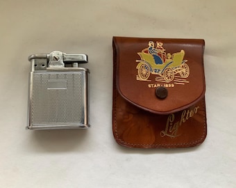 Old Vintage Rolstar “By Ronson” Chrome Petrol Pocket Lighter In Leather Case