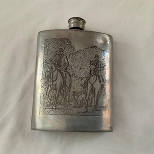 Vintage 1940’s English Pewter Sheffield Hip Flask Riding horses Scene