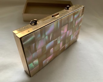 Vintage 1960’s Mother Of Pearl Minaudière Compact Carryall Evening Bag