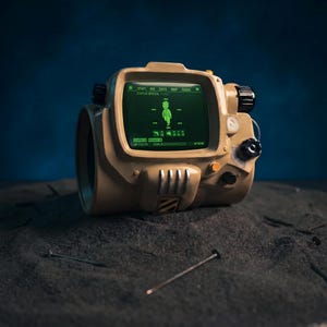 Peut inclure: Un appareil informatique beige se portant au poignet, doté d'un écran vert lumineux affichant une icône de personnage, divers onglets de menu et des barres de statut. L'appareil comprend des cadrans noirs, une petite jauge et un bouton jaune.