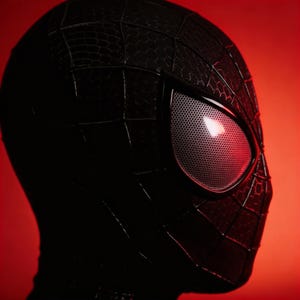 May include: A black Spider-Man mask with a textured surface and white mesh eye lenses. The mask is set against a red background, highlighting the details of the superhero costume.