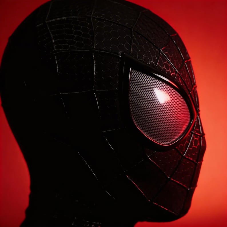 May include: A black Spider-Man mask with a textured surface and white mesh eye lenses. The mask is set against a red background, highlighting the details of the superhero costume.