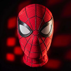 May include: A red full-head mask featuring a black web pattern across the surface. The mask includes two large, almond-shaped eye lenses with a white mesh texture and thick black frames, designed to cover the entire face and neck area.