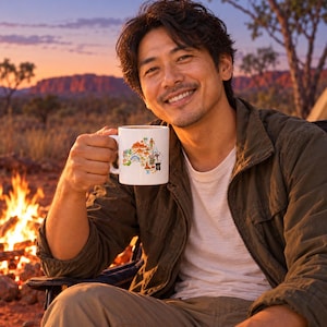 May include: A white ceramic mug featuring a colourful graphic print of the Australian continent, decorated with small illustrations of kangaroos, desert landscapes, and local wildlife icons, held by a handle on the side of the cylindrical vessel.