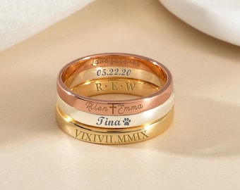 Anel delicado para empilhar com nome, anéis personalizados com gravação, anel fino personalizado com nome, presente personalizado para esposa, anel de ouro, anel para presente de mãe