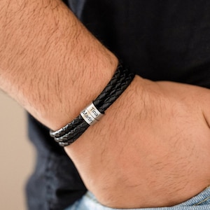 Pulsera de cuero personalizada para hombre, pulsera con nombre grabado para papá, regalo personalizado para él o su esposo, regalo para el Día del Padre, pulsera de cuentas.