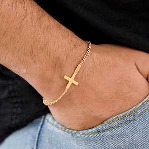 Pulseira de cruz de ouro personalizada, pulseira de cruz masculina, pulseira de cruz gravada para ele, pulseira cubana masculina, presente cristão, presentes religiosos